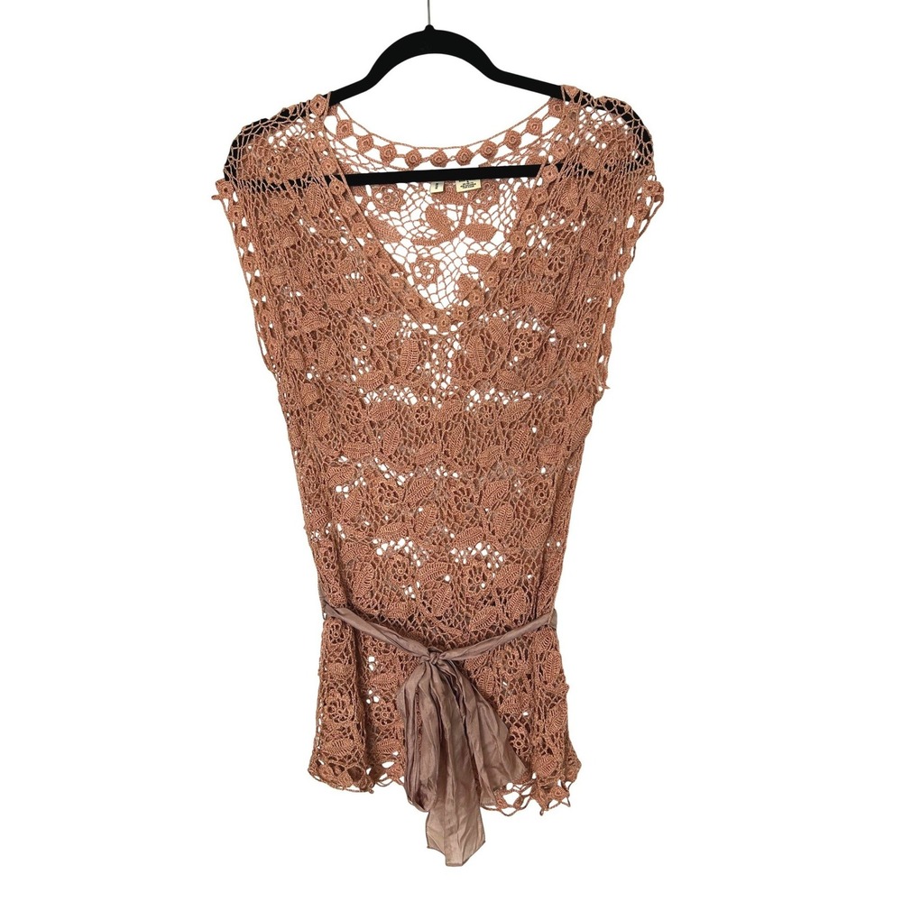 Moth Top M Pink orange Crochet Lace Linen Blend Boho Tunic fairycore romantic
